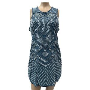 Parker NY Allegra Beaded Sequin Silk Cocktail Dress Blue Sleeveless Women M